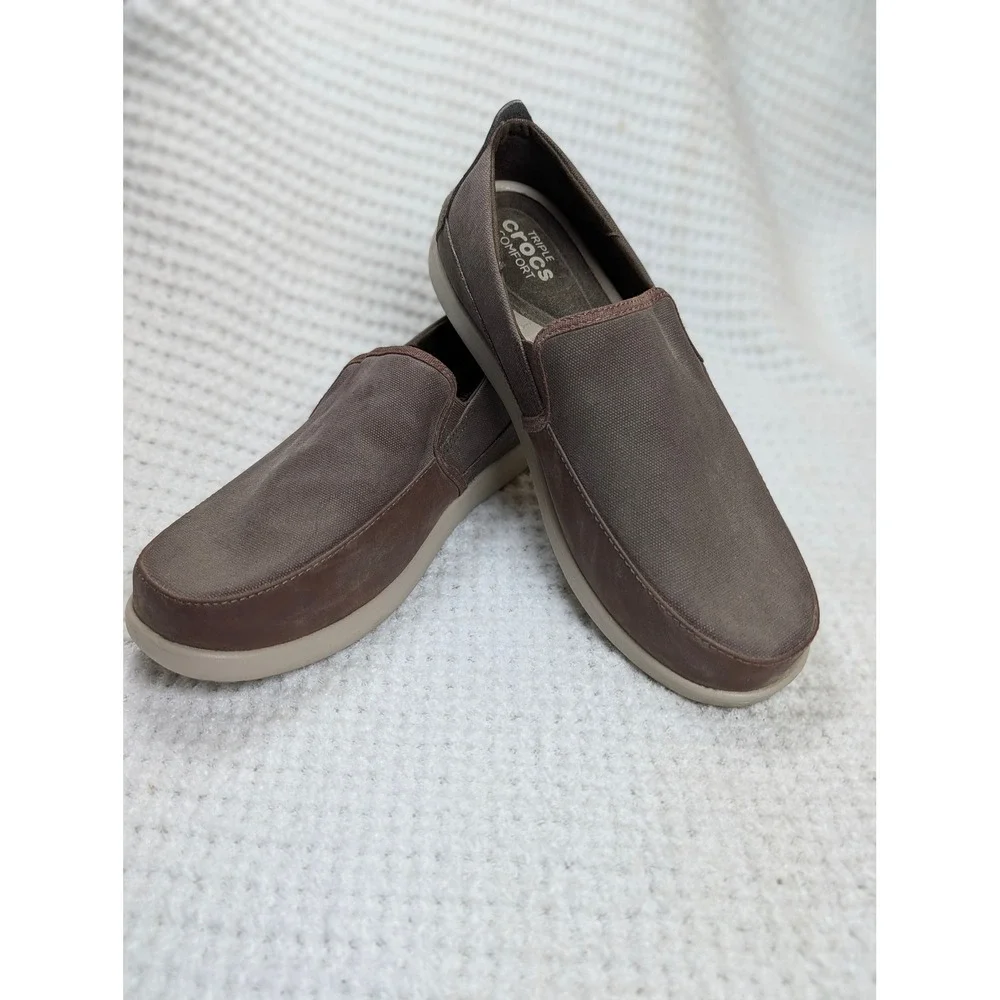Crocs Santa Cruz 2 Luxe Mens 14 Brown Canvas Leather Loafers 204241 Slip On